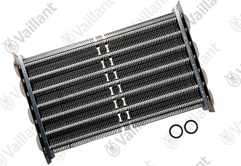 Vaillant Wärmetauscher mit mehreren Rohrbündeln und O-Ringen, geeignet für die Beheizung. Gerät mit metallener Oberfläche und strukturiertem Design.